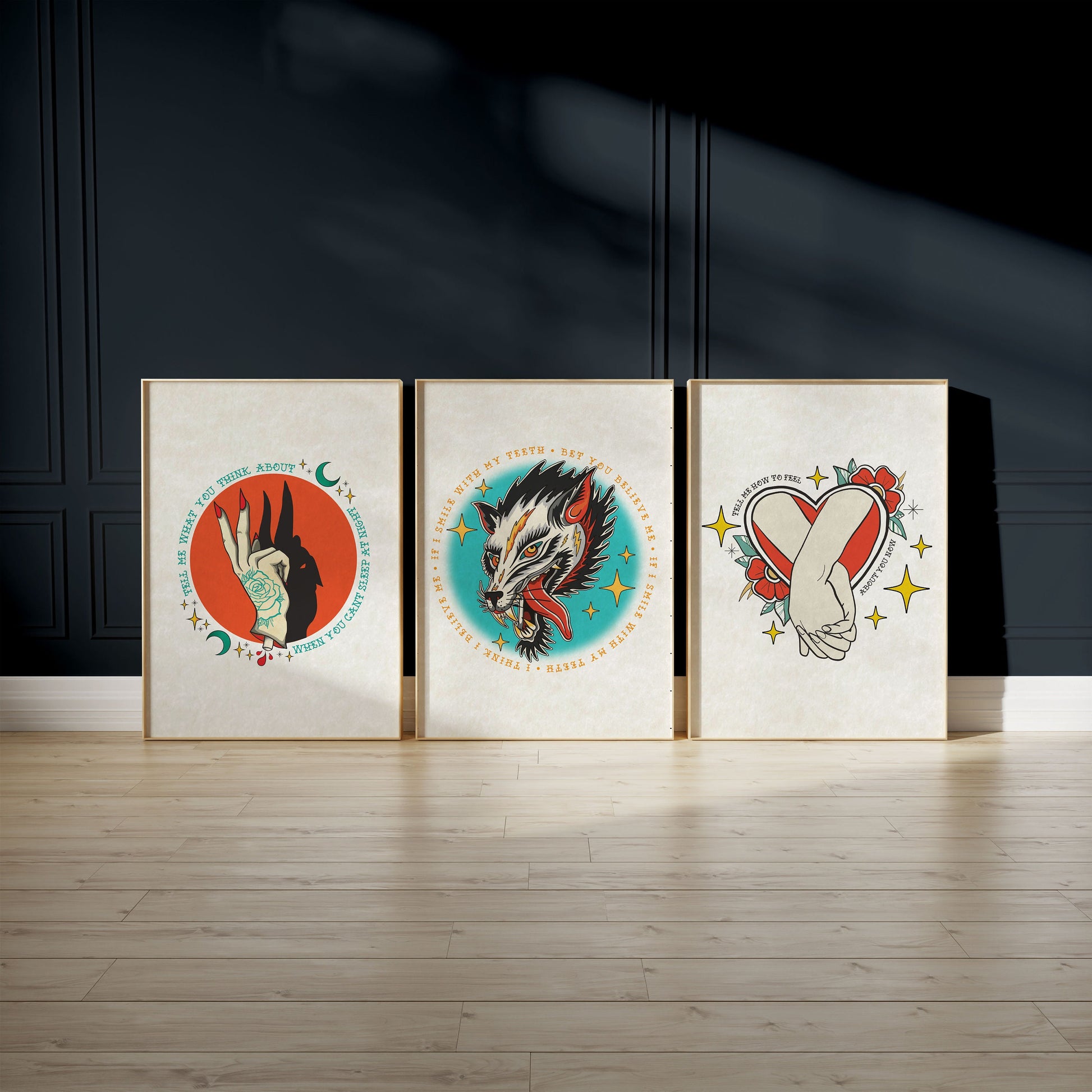 Shadow Puppets - Tattoo Style Art, Print, Sticker, Poster, Edgy Home Decor, Unique Hand drawn Art