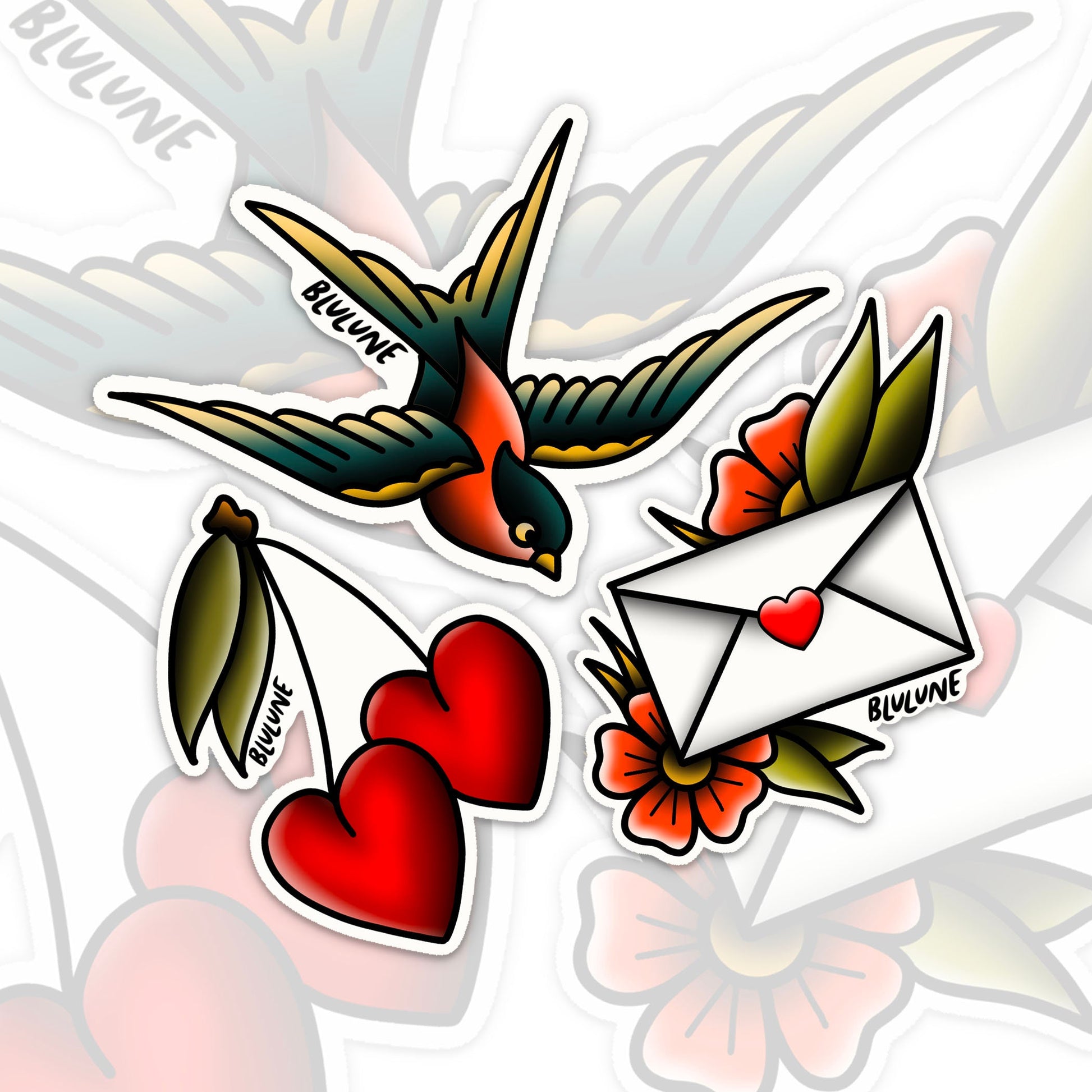 Sparrow Cherry Love Letter Tattoo Art Sticker Pack - Tattoo Stickers - Traditional Tattoo Style - Old School - Vintage