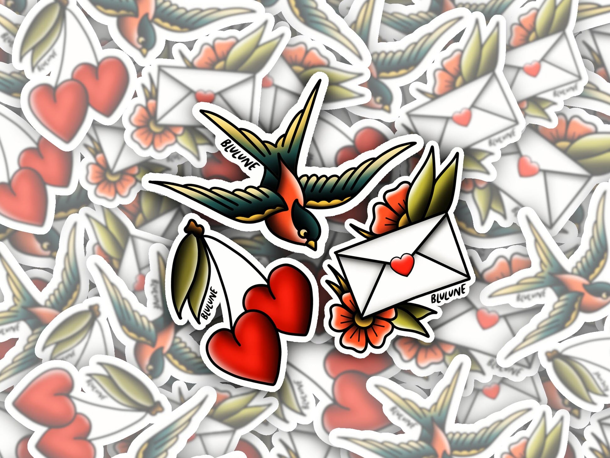 Sparrow Cherry Love Letter Tattoo Art Sticker Pack - Tattoo Stickers - Traditional Tattoo Style - Old School - Vintage