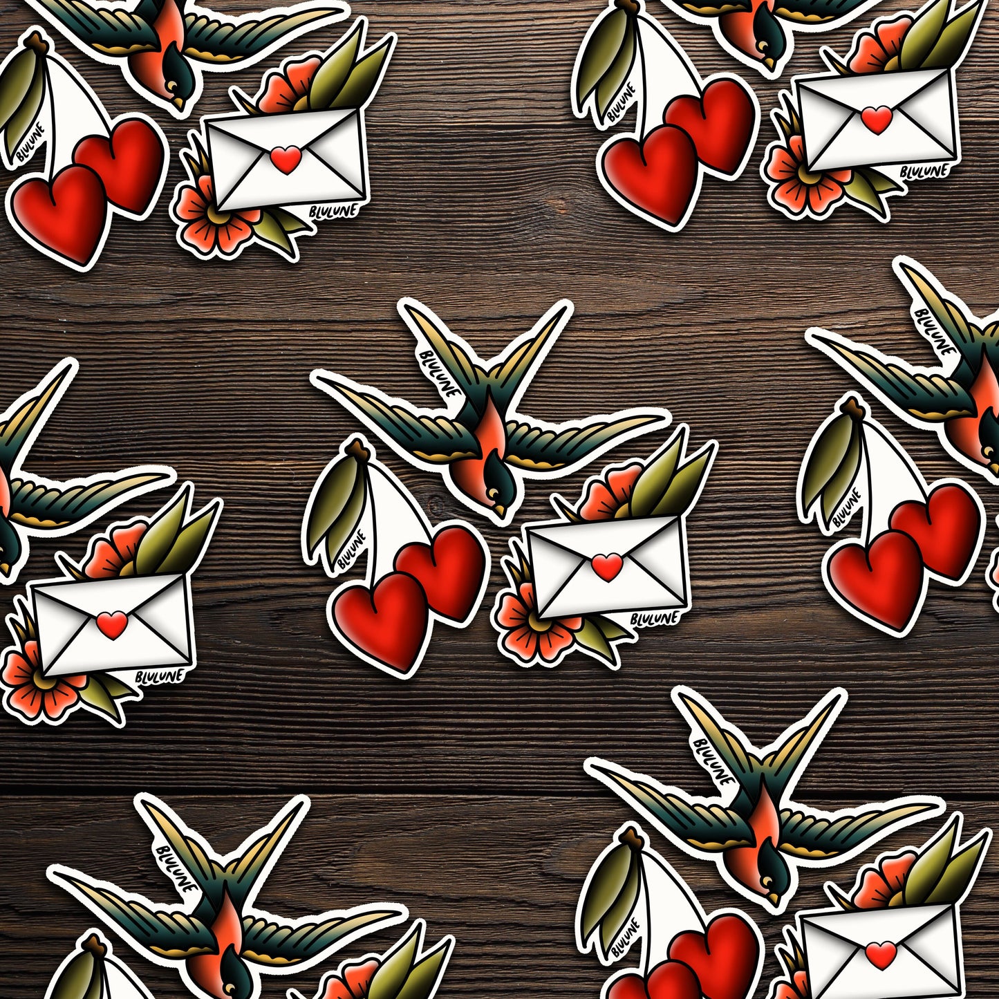 Sparrow Cherry Love Letter Tattoo Art Sticker Pack - Tattoo Stickers - Traditional Tattoo Style - Old School - Vintage