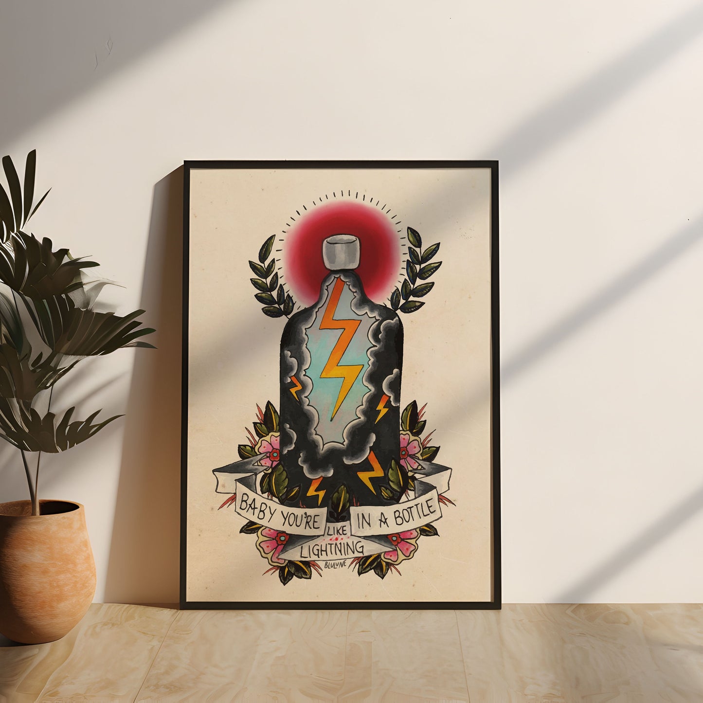 Electric Love - Tattoo Style Art, Print, Sticker, Poster, Edgy Home Decor, Unique Hand drawn Art