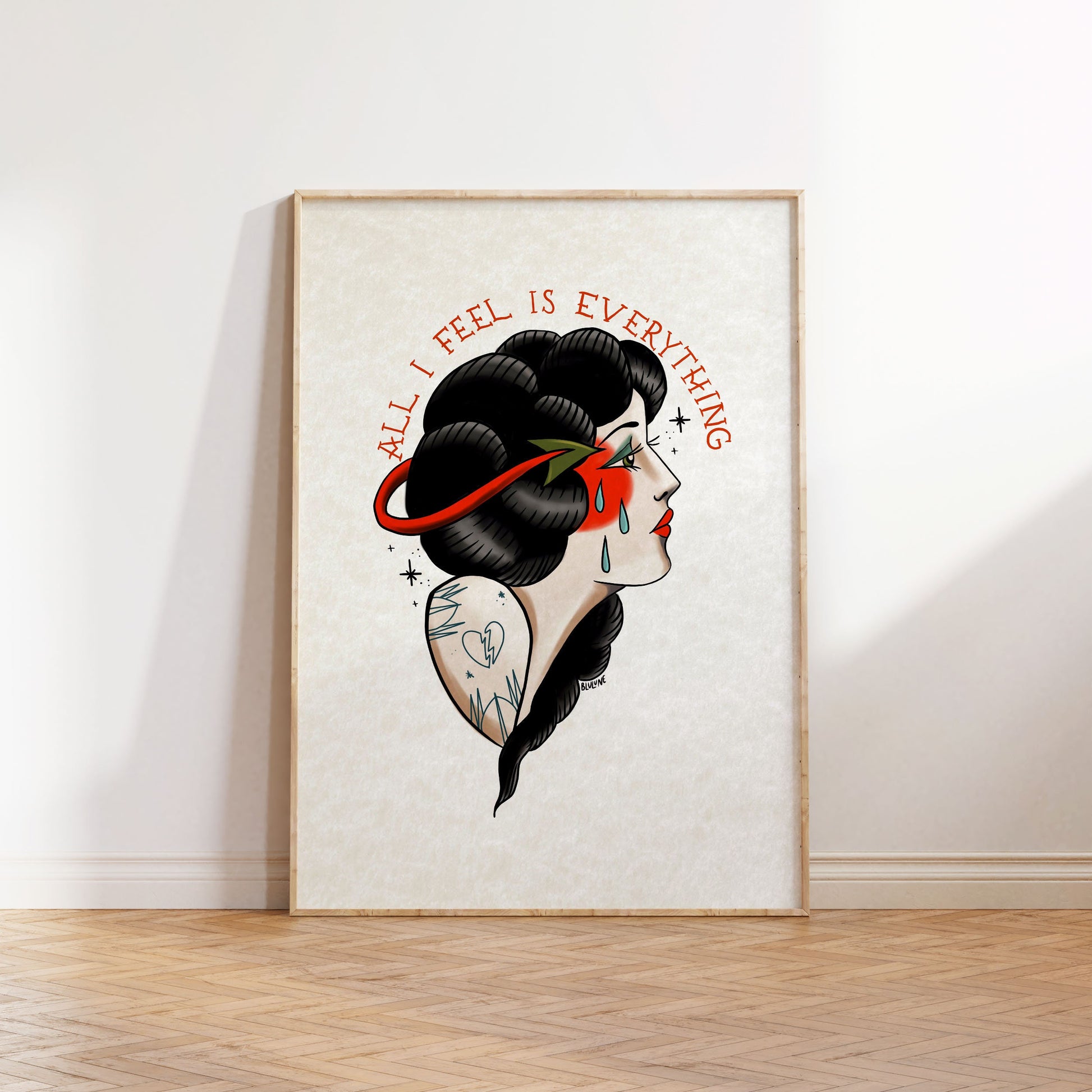 All I Feel is Everything - Tattoo Style Art, Print, Sticker, Poster, Edgy Home Decor, Unique Hand drawn Art