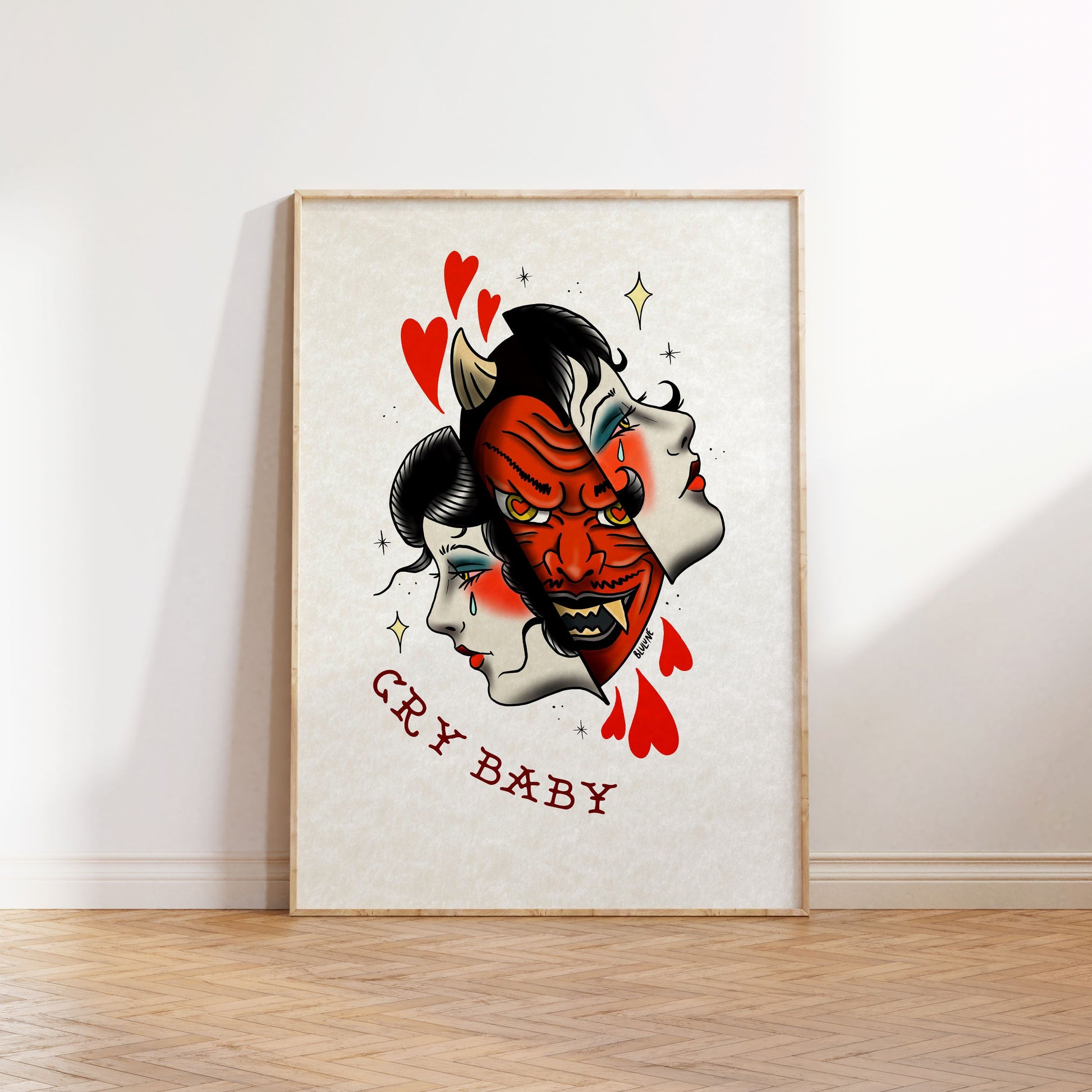 Cry Baby - Tattoo Style Art, Print, Sticker, Poster, Edgy Home Decor, Unique Hand drawn Art