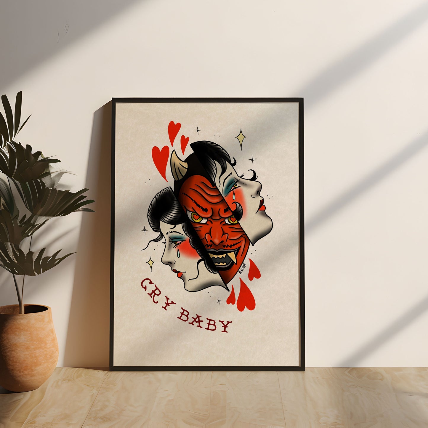 Cry Baby - Tattoo Style Art, Print, Sticker, Poster, Edgy Home Decor, Unique Hand drawn Art