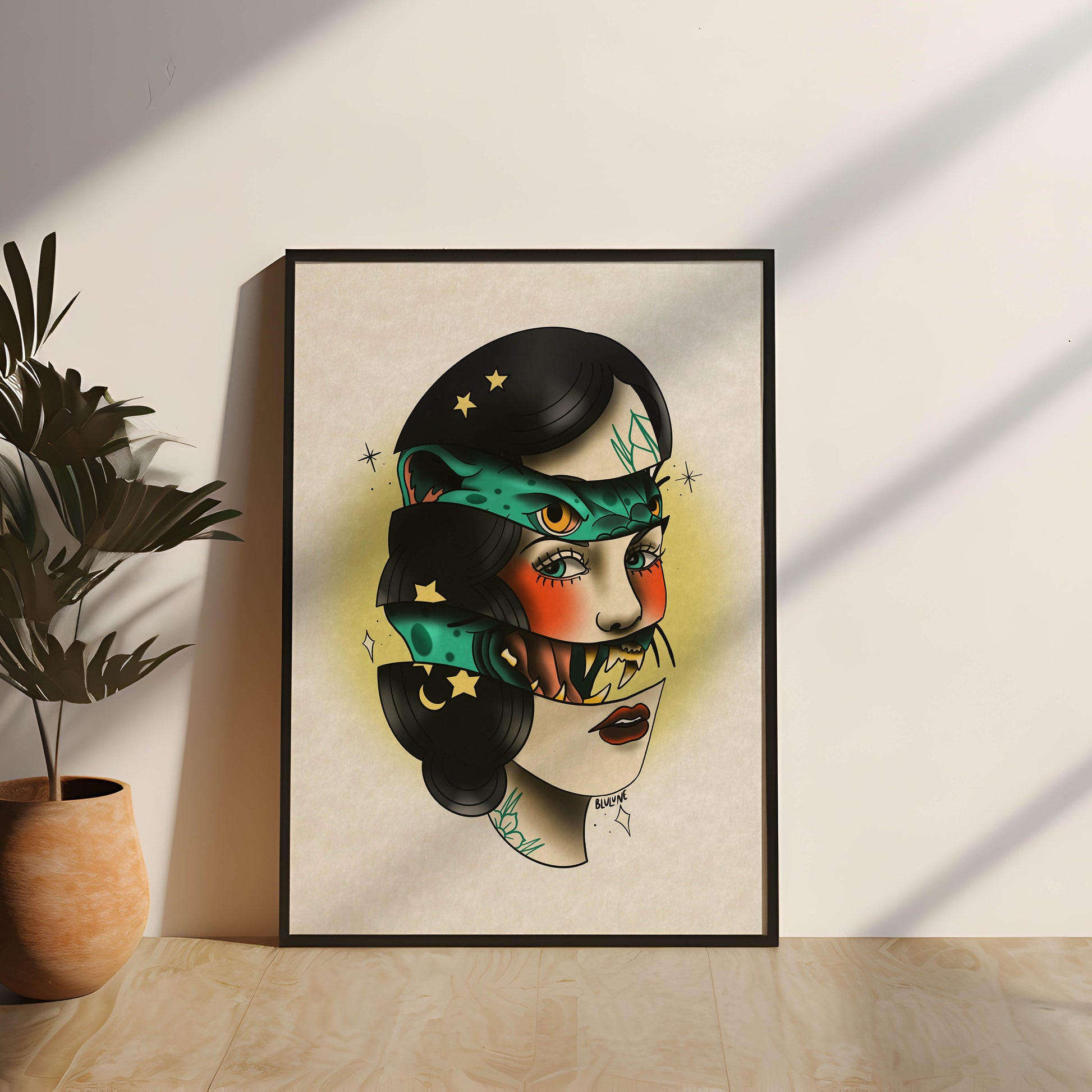 Jaguar Woman - Tattoo Style Art, Print, Sticker, Poster, Edgy Home Decor, Unique Hand drawn Art