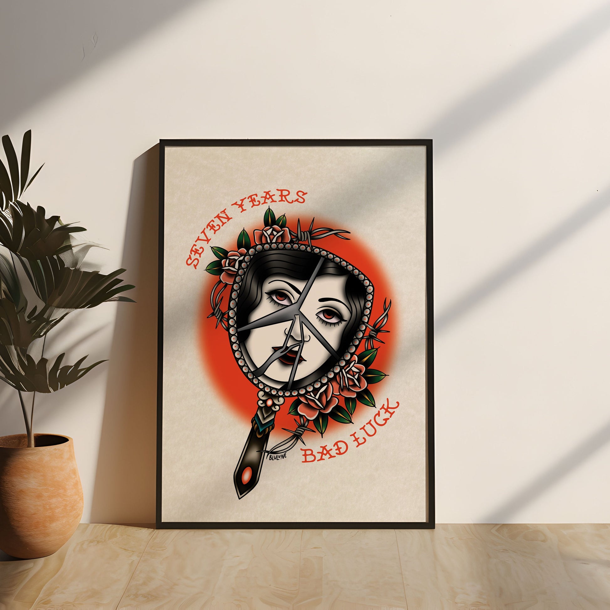 Seven Years Bad Luck - Tattoo Style Art, Print, Sticker, Poster, Edgy Home Decor, Unique Hand drawn Art