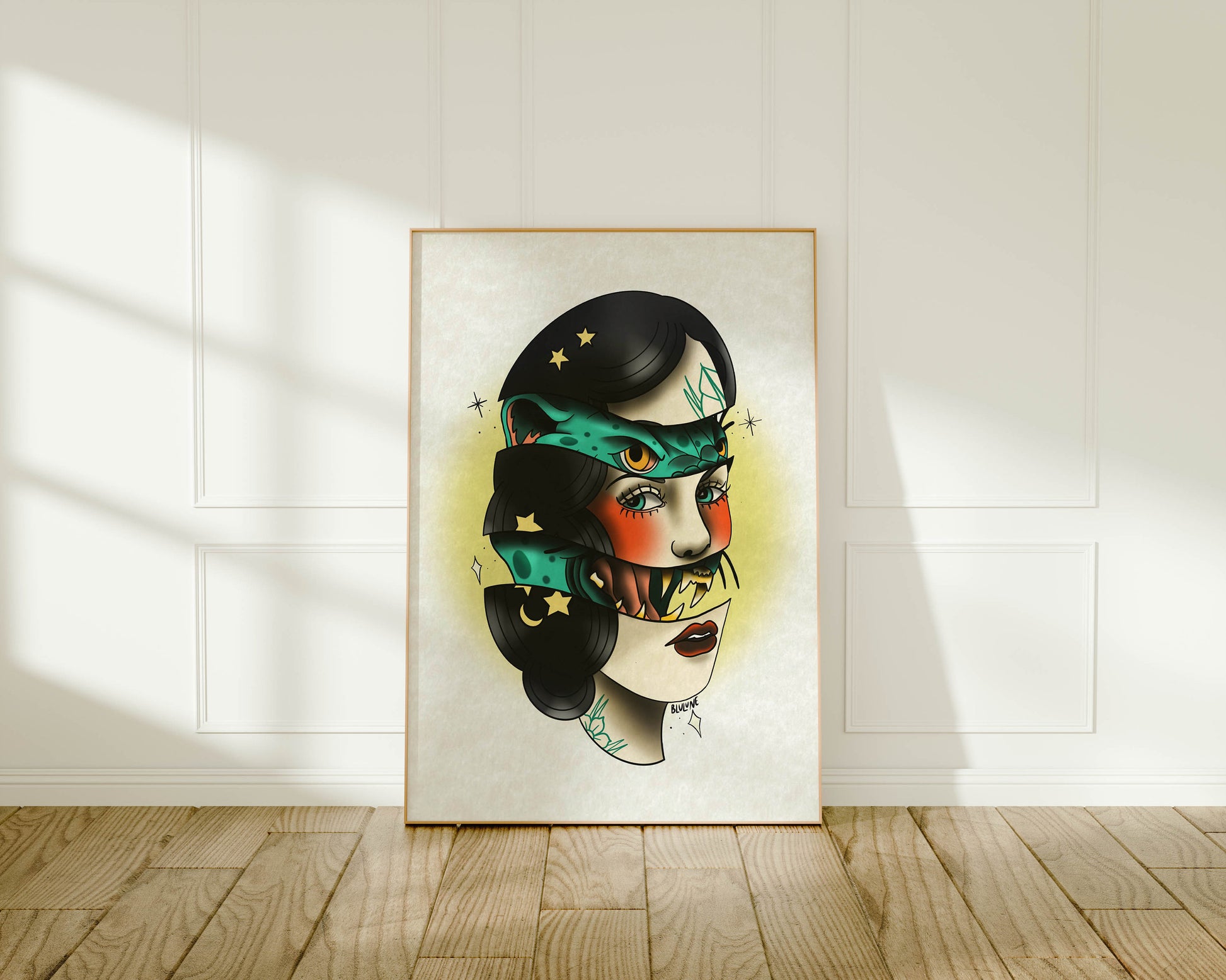 Jaguar Woman - Tattoo Style Art, Print, Sticker, Poster, Edgy Home Decor, Unique Hand drawn Art