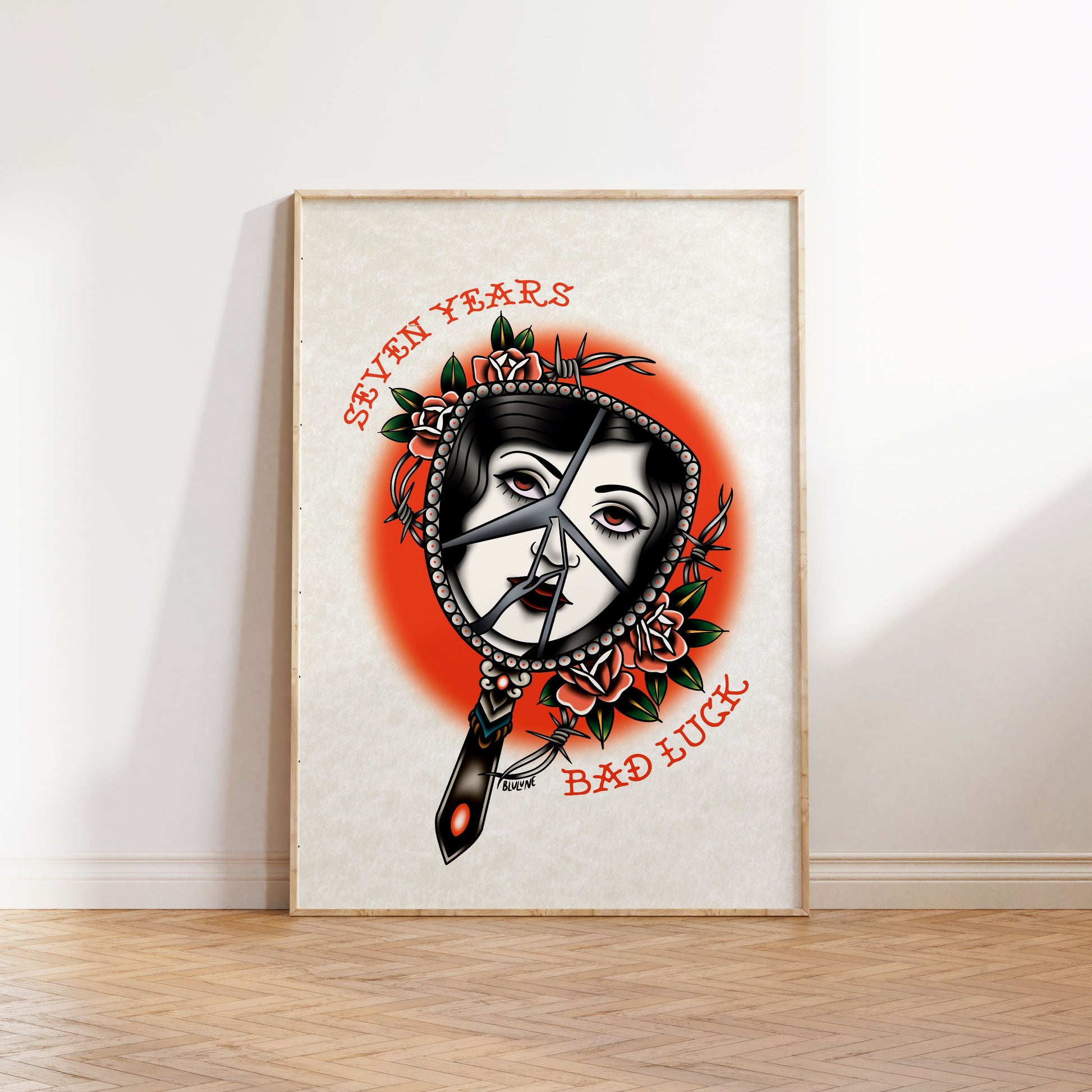 Seven Years Bad Luck - Tattoo Style Art, Print, Sticker, Poster, Edgy Home Decor, Unique Hand drawn Art