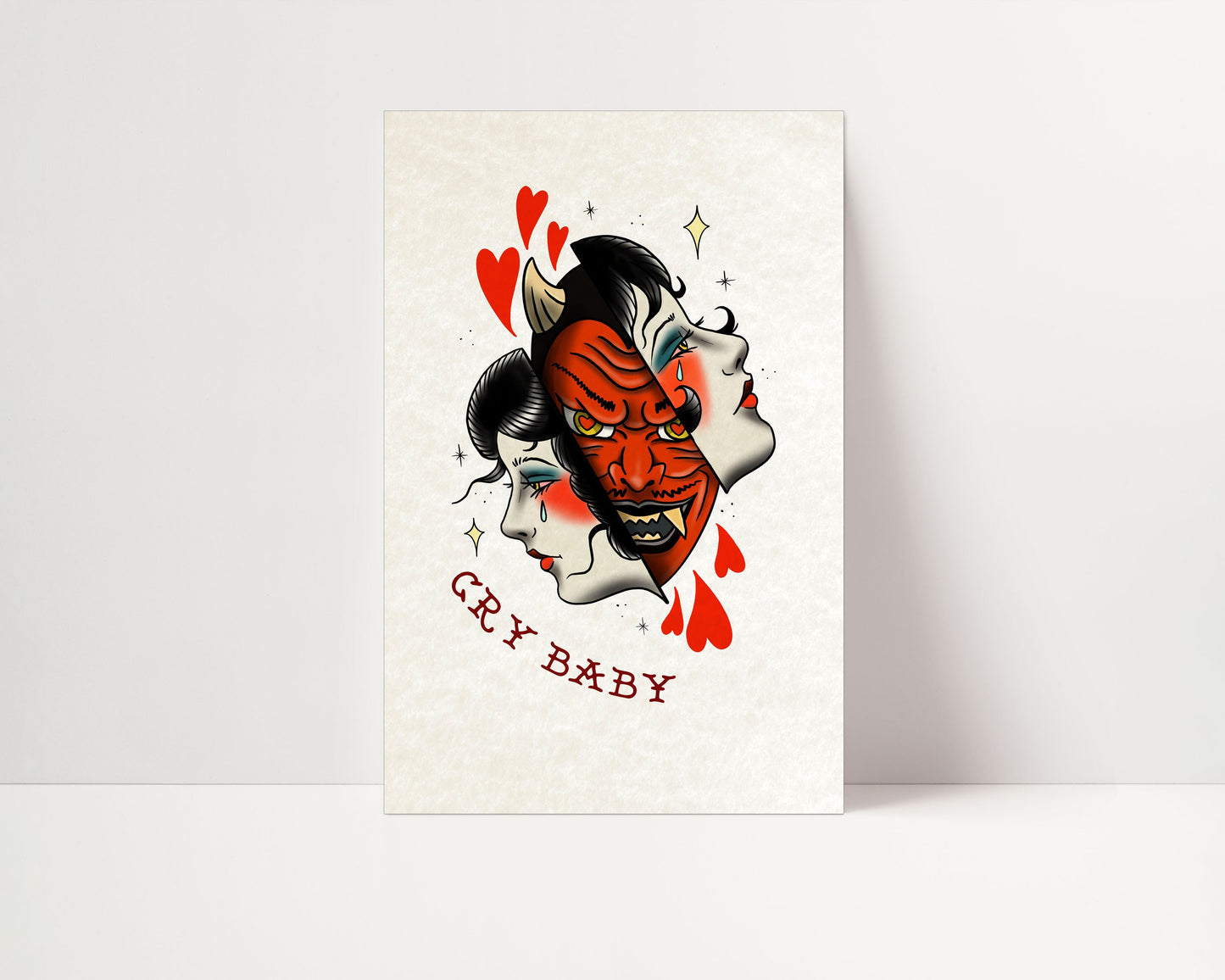 Cry Baby - Tattoo Style Art, Print, Sticker, Poster, Edgy Home Decor, Unique Hand drawn Art