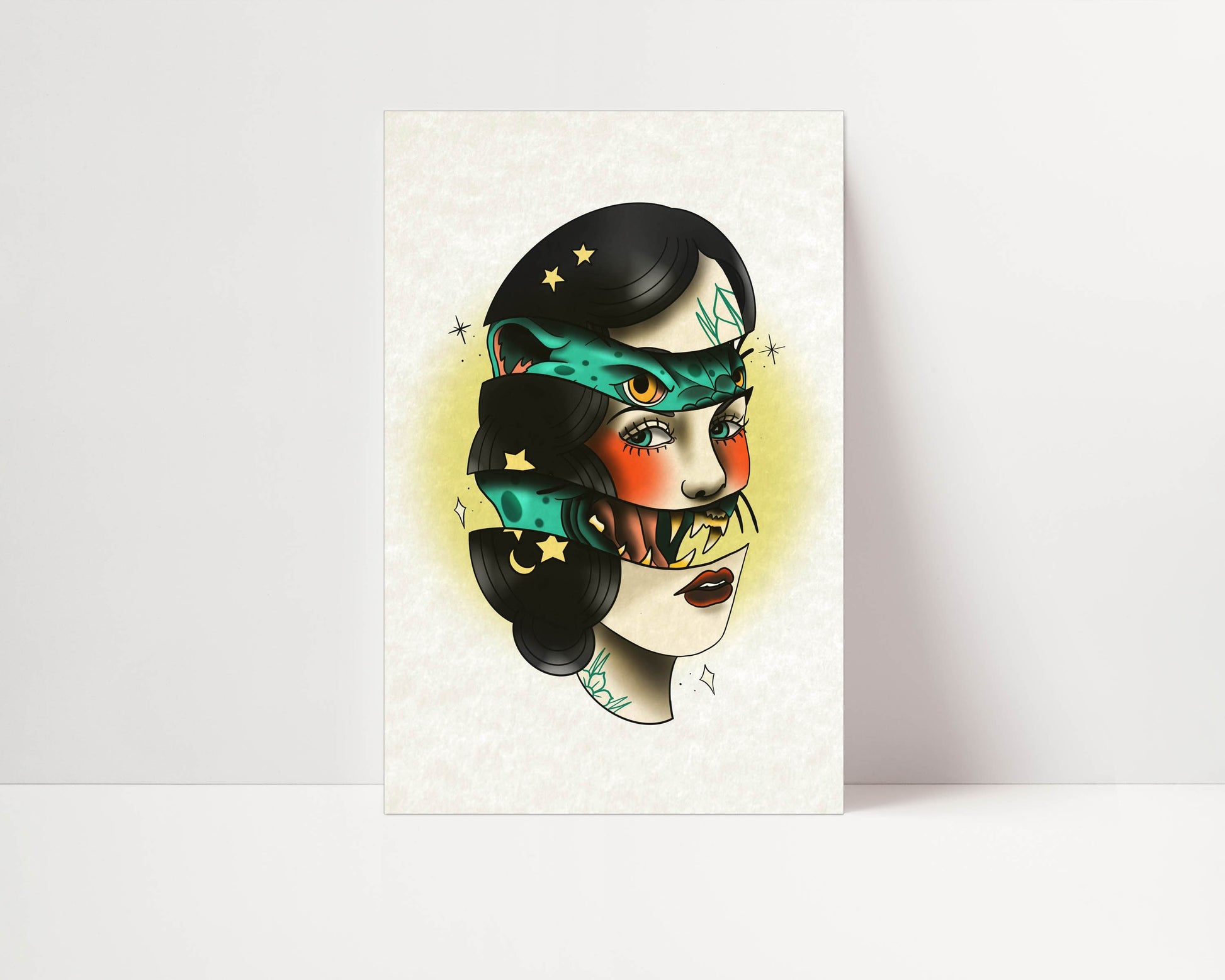 Jaguar Woman - Tattoo Style Art, Print, Sticker, Poster, Edgy Home Decor, Unique Hand drawn Art