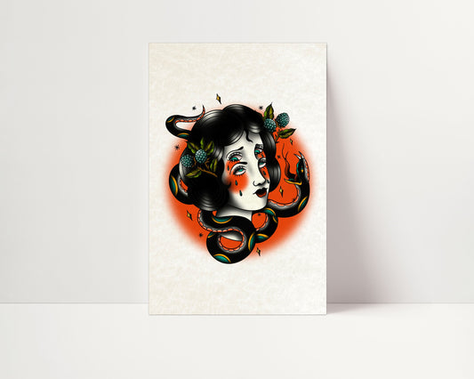 Medusa - Tattoo Style Art, Print, Sticker, Poster, Edgy Home Decor, Unique Hand drawn Art