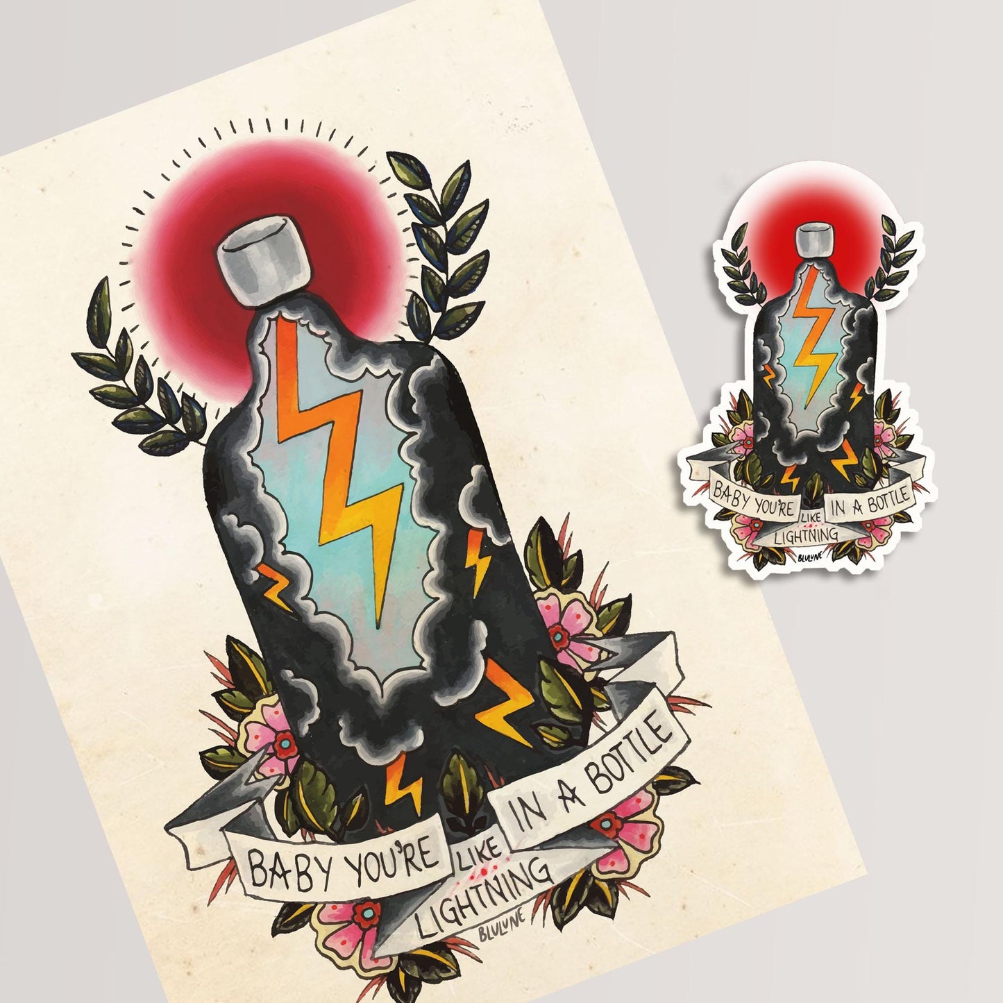 Electric Love - Tattoo Style Art, Print, Sticker, Poster, Edgy Home Decor, Unique Hand drawn Art