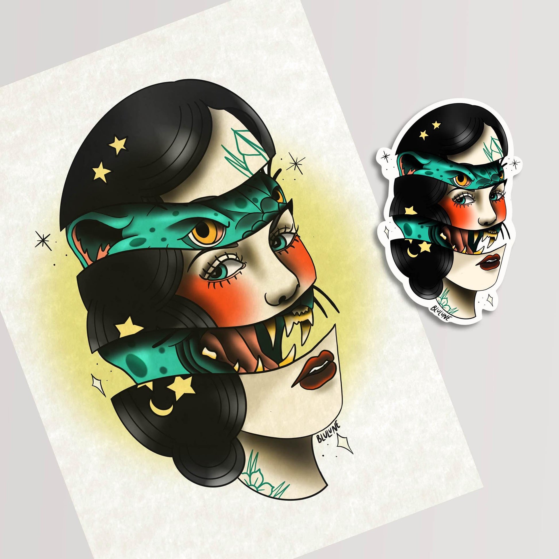 Jaguar Woman - Tattoo Style Art, Print, Sticker, Poster, Edgy Home Decor, Unique Hand drawn Art