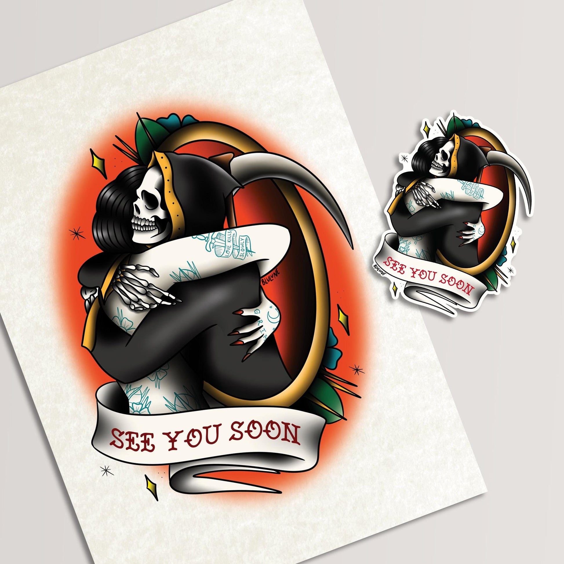 See You Soon - Tattoo Style Art, Print, Sticker, Poster, Edgy Home Decor, Unique Hand drawn Art