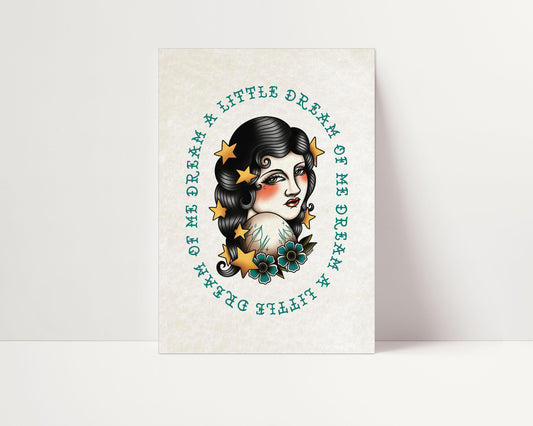 Dream a Little Dream Tattoo Art Print - Tattoo Stickers - Traditional Tattoo Style - Old School - Vintage - Celestial Art