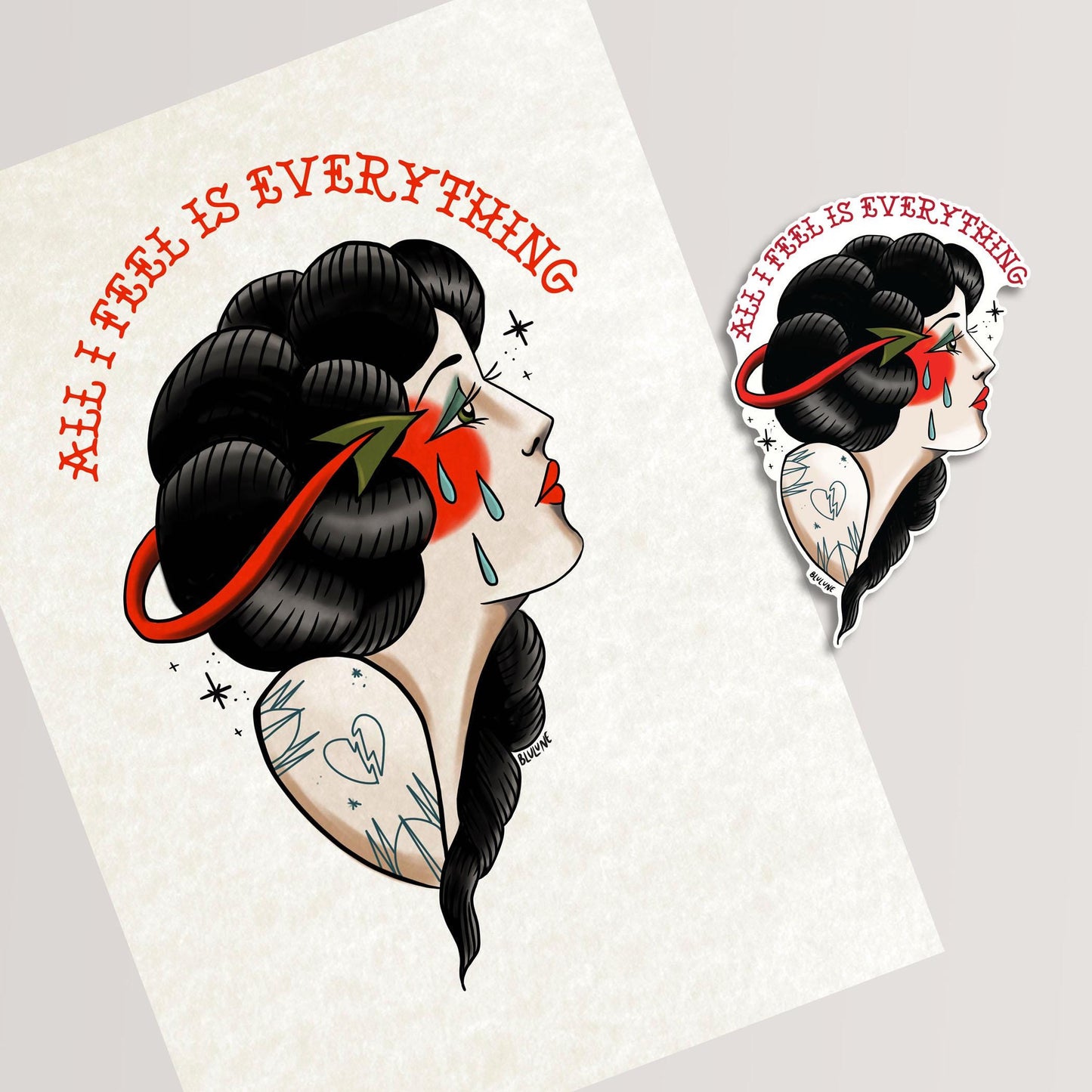 All I Feel is Everything - Tattoo Style Art, Print, Sticker, Poster, Edgy Home Decor, Unique Hand drawn Art