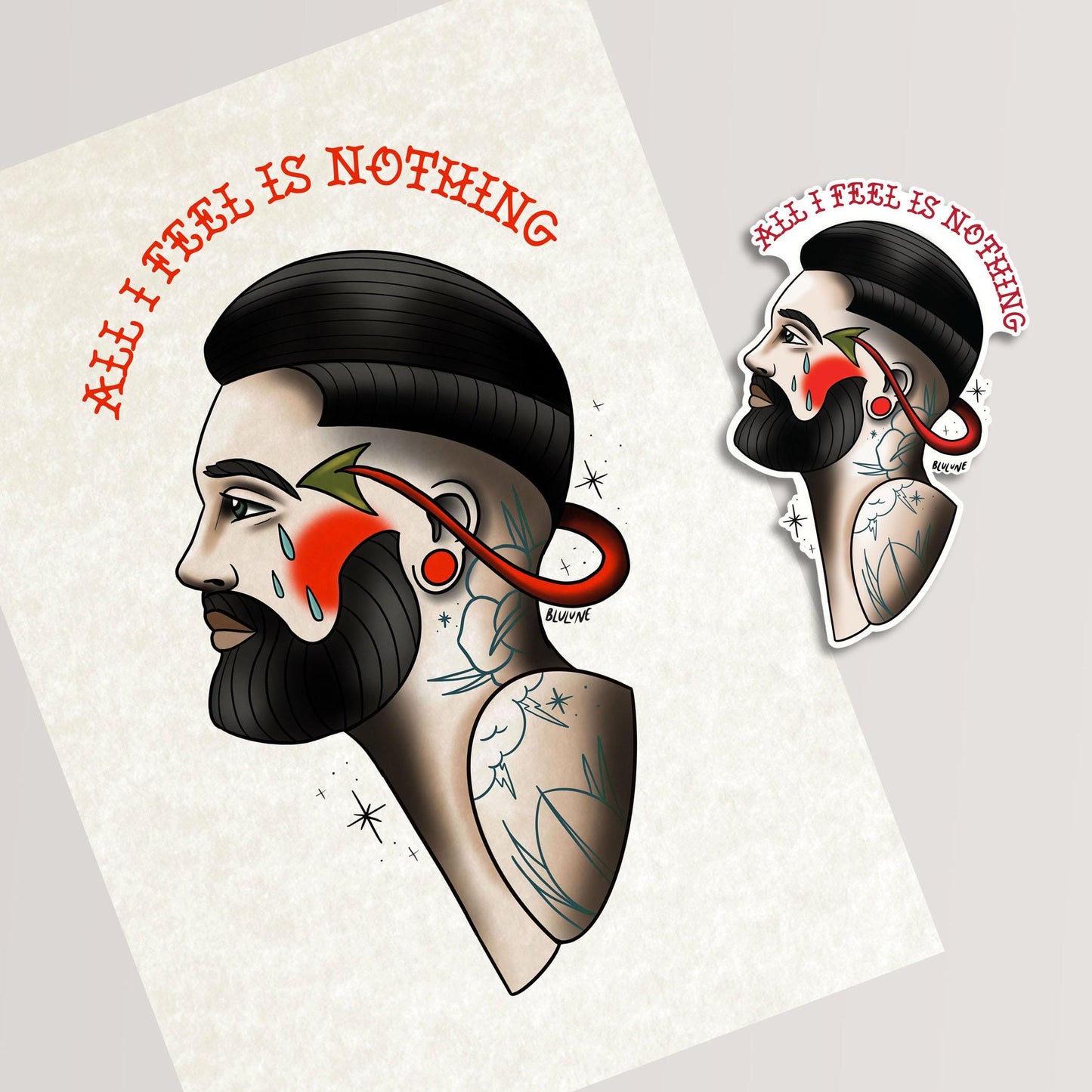 All I Feel is Nothing - Tattoo Style Art, Print, Sticker, Poster, Edgy Home Decor, Unique Hand drawn Art