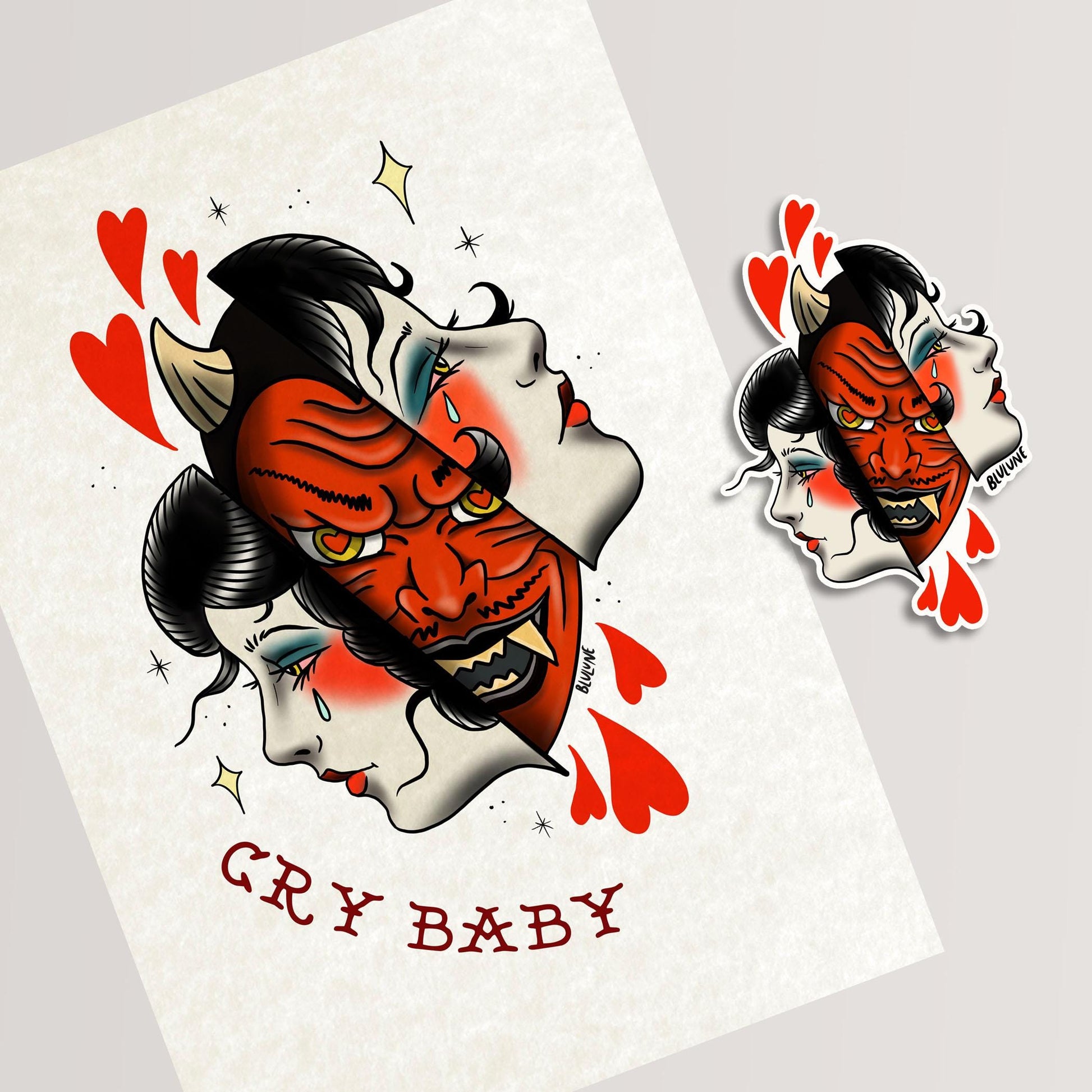 Cry Baby - Tattoo Style Art, Print, Sticker, Poster, Edgy Home Decor, Unique Hand drawn Art