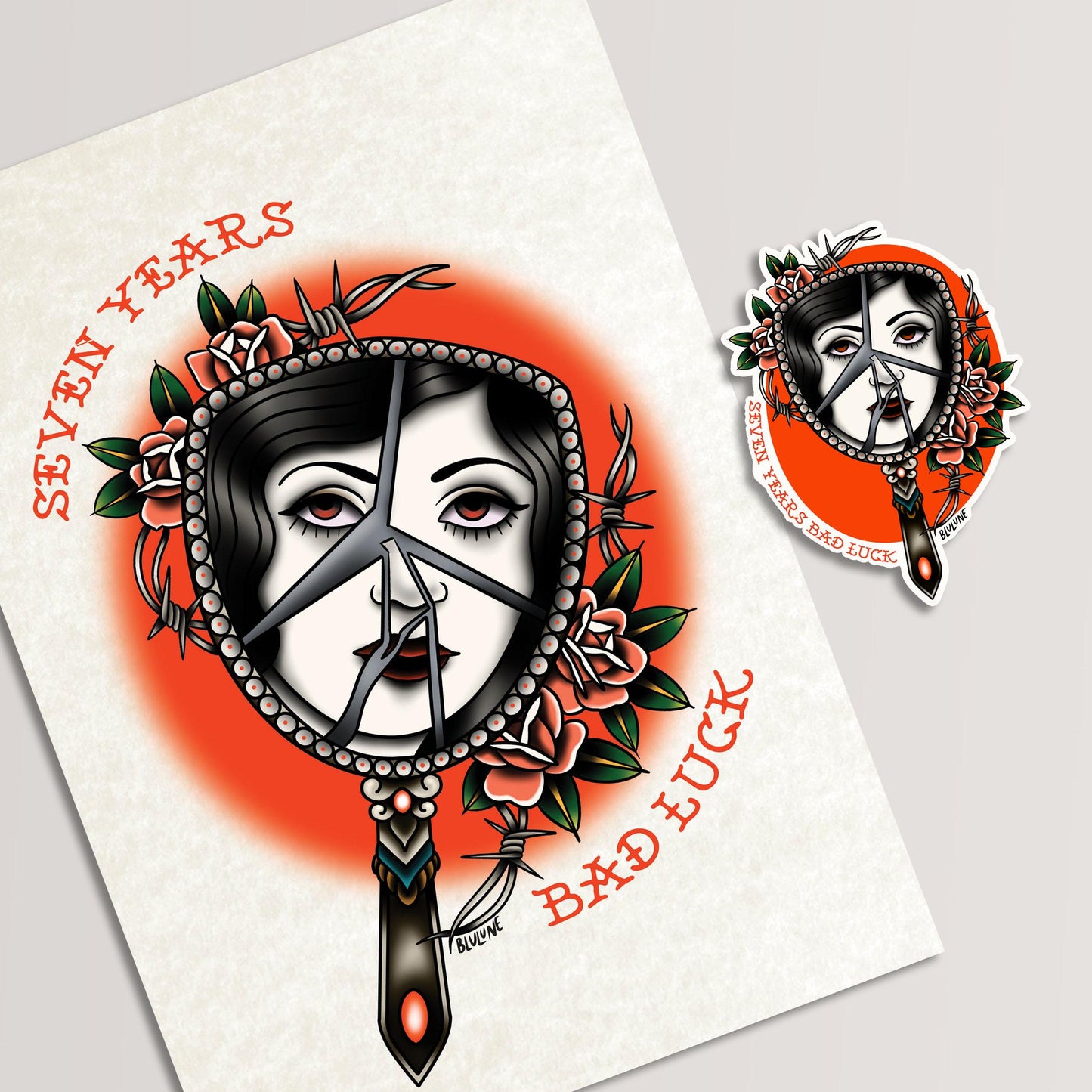 Seven Years Bad Luck - Tattoo Style Art, Print, Sticker, Poster, Edgy Home Decor, Unique Hand drawn Art