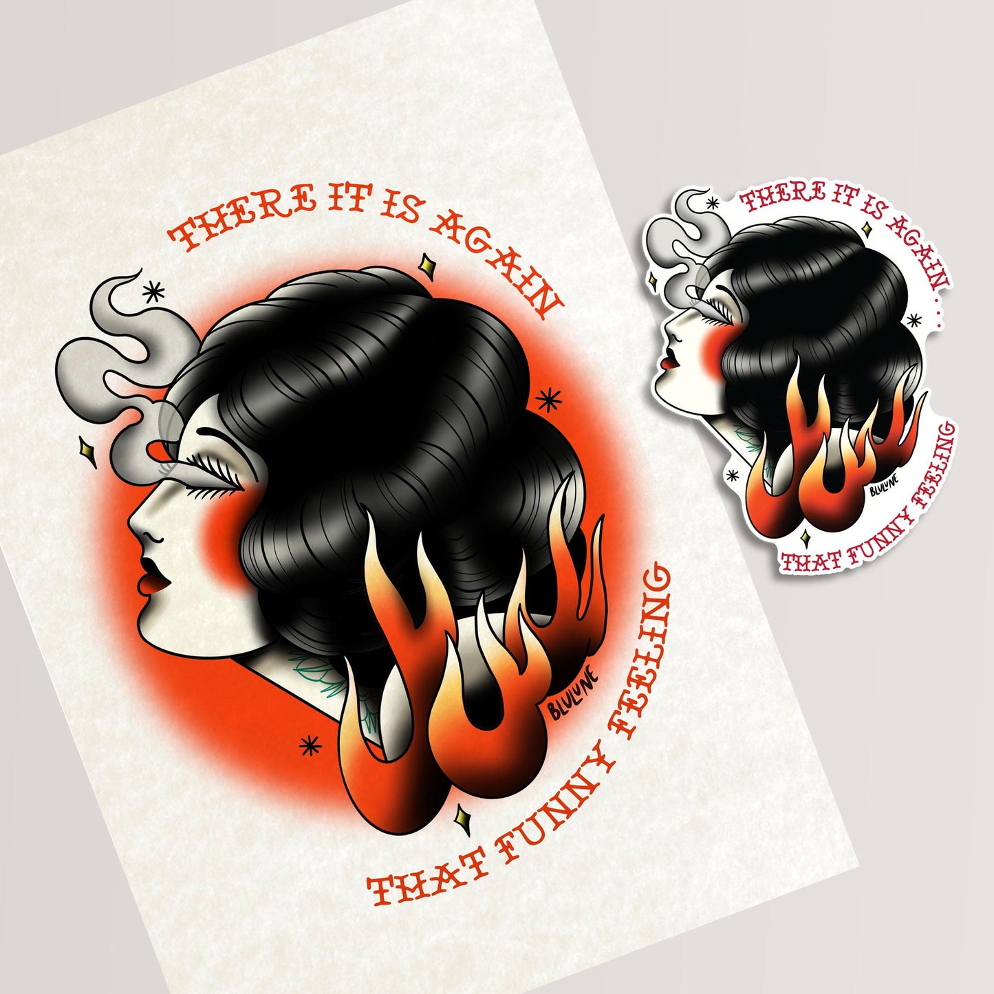 That Funny Feeling - Tattoo Style Art, Print, Sticker, Poster, Edgy Home Decor, Unique Hand drawn Art