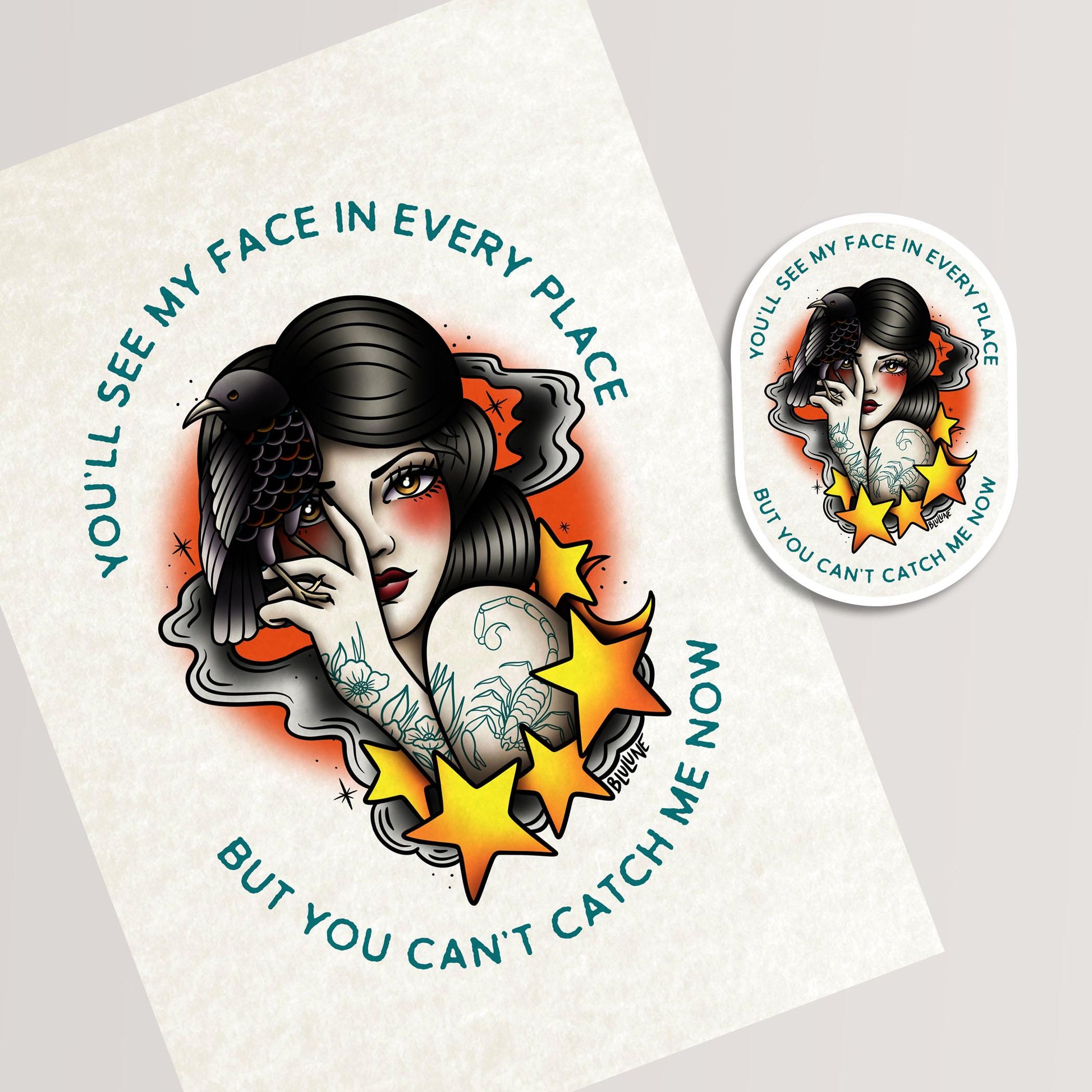 Can't Catch Me Now - Tattoo Style Art, Print, Sticker, Poster, Edgy Home Decor, Unique Hand drawn Art