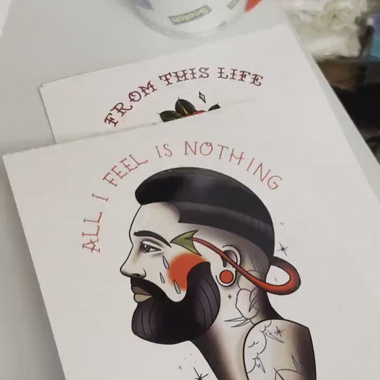 All I Feel is Nothing - Tattoo Style Art, Print, Sticker, Poster, Edgy Home Decor, Unique Hand drawn Art