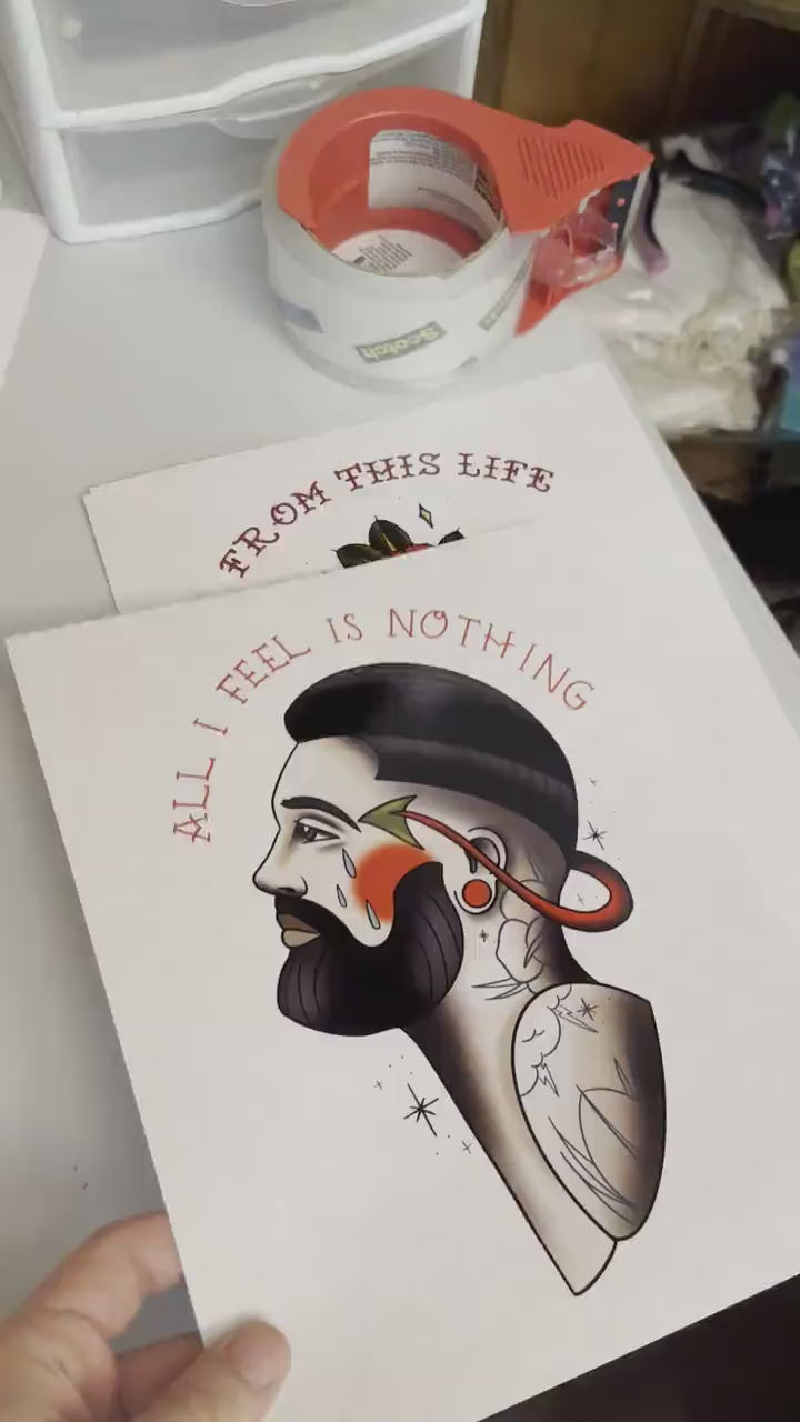 All I Feel is Nothing - Tattoo Style Art, Print, Sticker, Poster, Edgy Home Decor, Unique Hand drawn Art