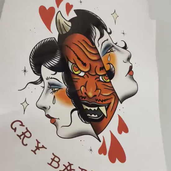 Cry Baby - Tattoo Style Art, Print, Sticker, Poster, Edgy Home Decor, Unique Hand drawn Art