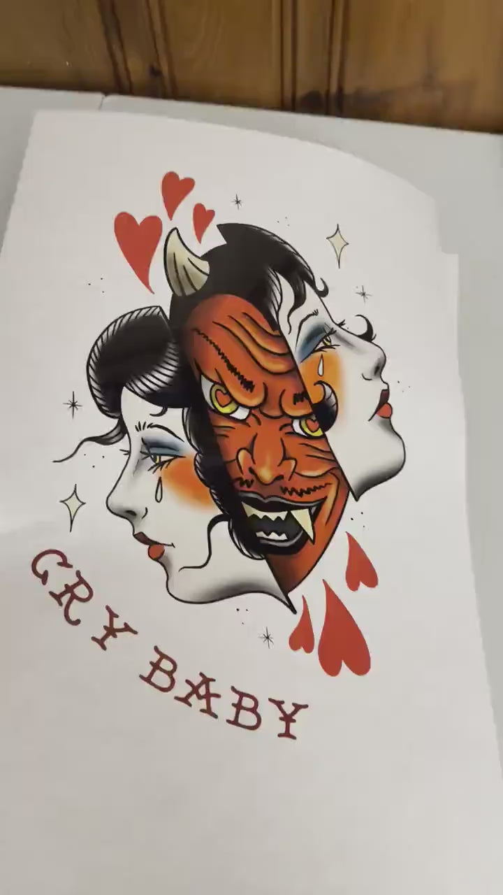 Cry Baby - Tattoo Style Art, Print, Sticker, Poster, Edgy Home Decor, Unique Hand drawn Art